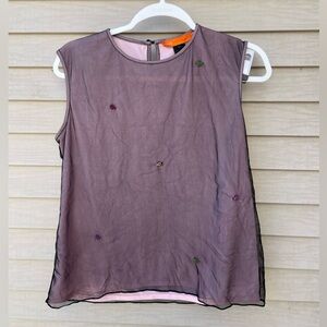 Pink tank top with mesh overlay and embellished with little lady bugs